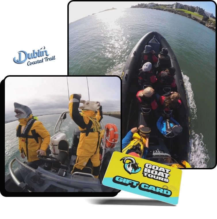 Two photos: people in yellow jackets and shark hats on a boat; another view shows a group riding a black inflatable boat on water. The “Dublin Coastal Trail” logo and “Goat Boat Tours” Dublin boat tour gift card are also visible.