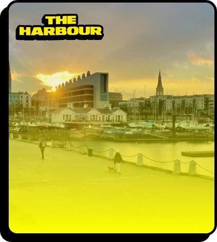 A view of a harbor at sunset with boats docked, buildings in the background, and people walking along the waterfront. The image has a yellow-tinted overlay and "THE HARBOUR" is written in bold yellow text at the top left.