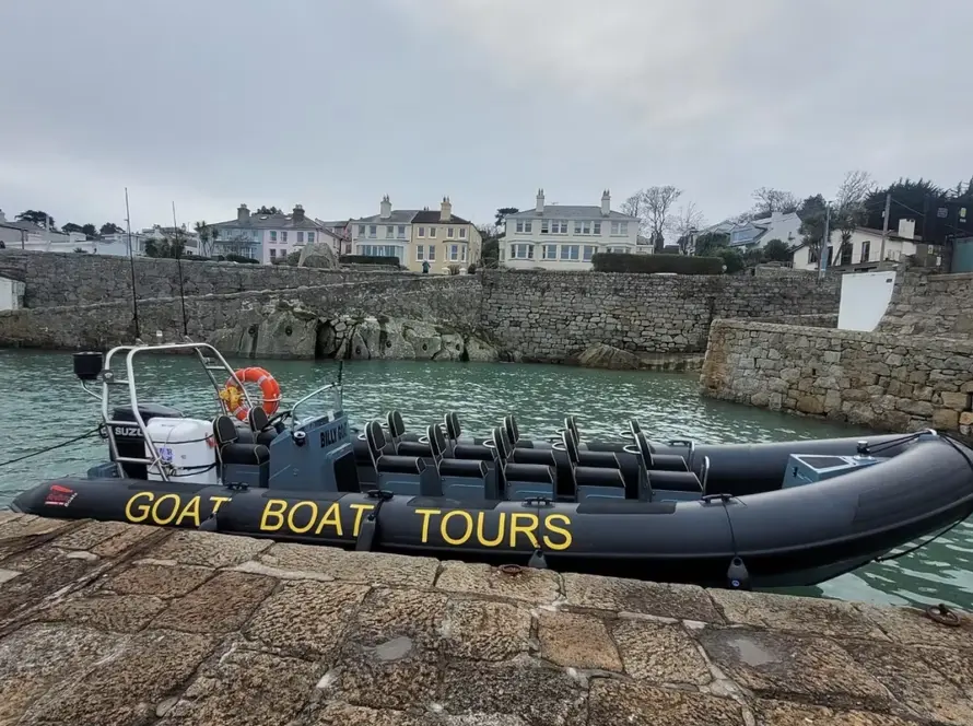 A black inflatable boat labeled GOAT BOAT TOURS is moored at a stone dock in a small harbor, with houses and trees visible on a hill in the background under a cloudy sky.