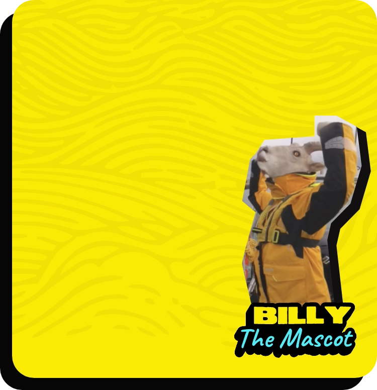 A person wearing a goat mascot costume, including a white goat head, raises their arms in excitement. They have on a yellow and black outfit. The bright yellow background has a subtle wave pattern, with the text Billy The Mascot in the lower right corner.
