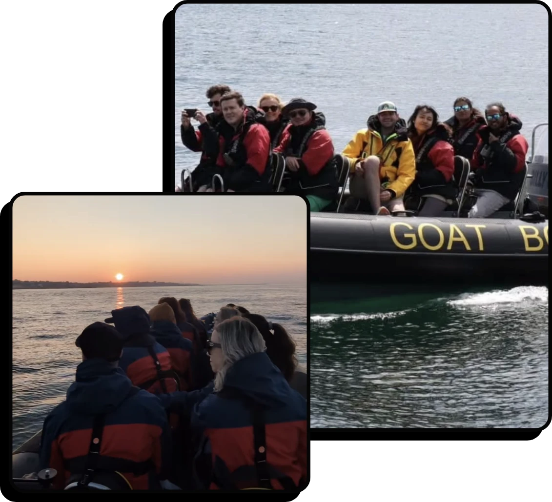 Two images of people on a boat. The top image shows a group smiling and posing on a boat named GOAT BOI in calm waters. The lower image depicts people in life vests facing away, watching the sunset over the ocean.