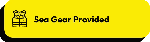 Yellow sign with an icon of a life jacket on the left and the text Sea Gear Provided"on the right.