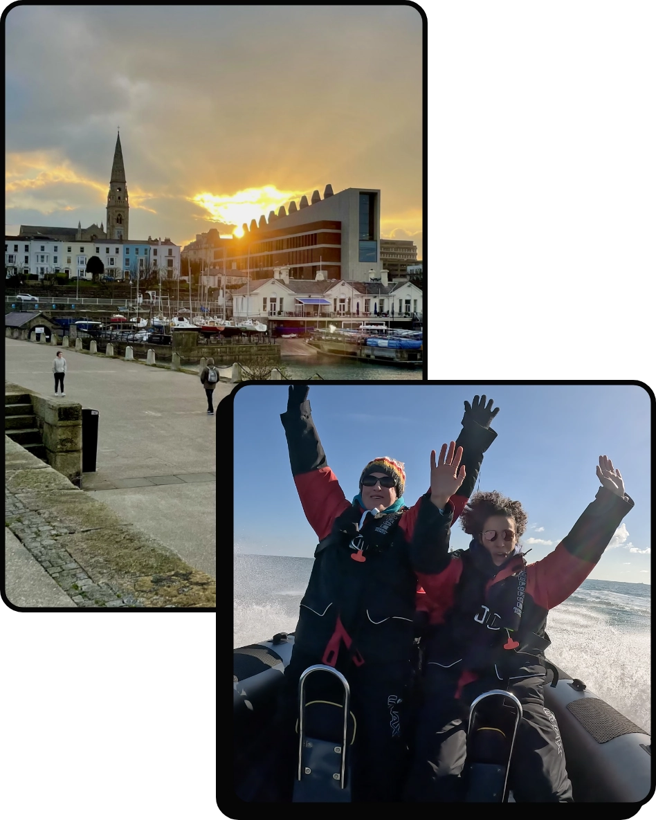 Top image: A scenic view of a coastal town at sunset, featuring a church with a tall steeple and a modern building with wavy architecture. Bottom image: Two people in boating gear joyfully raise their arms while on a speedboat, with ocean waves behind them.