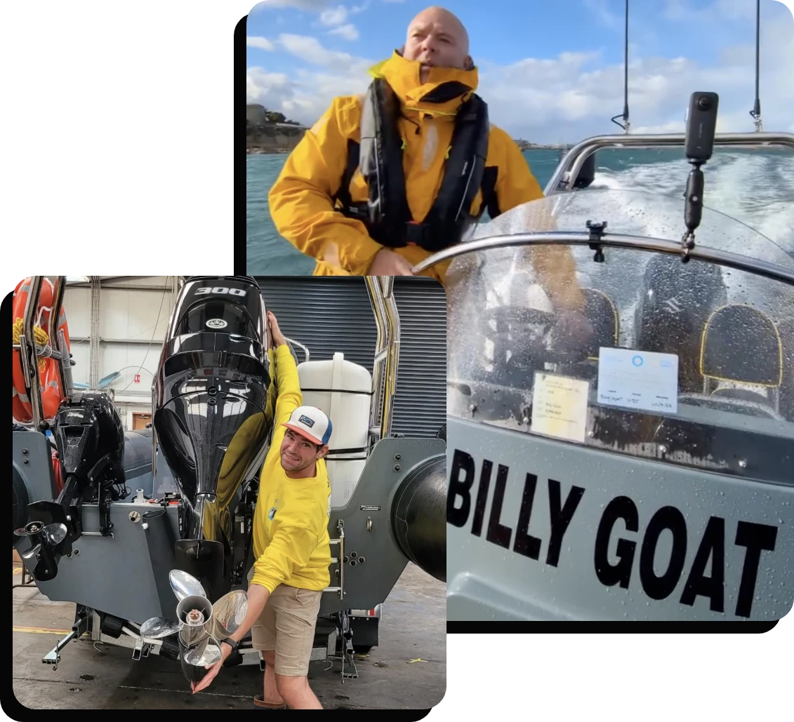 A collage of three images: a person in a yellow jacket steering a boat, another person in a yellow sweatshirt crouching by a boat's propeller in a workshop, and a close-up of a boat named BILLY GOAT with raindrops on the windshield.