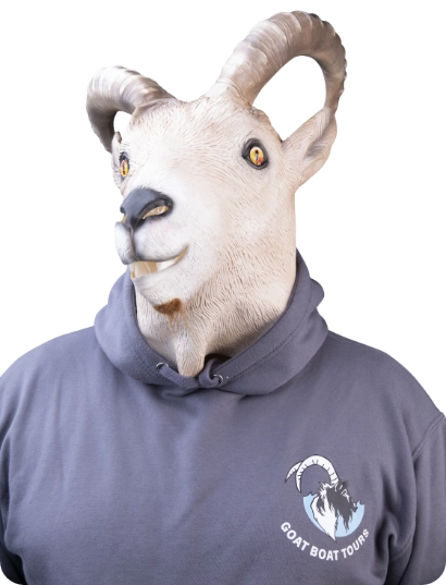 A person wearing a realistic goat mask and a gray hoodie with a "Goat Boat Tours" logo featuring a goat head silhouette. The background is plain white.