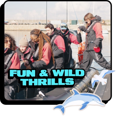 A group of people in life jackets smile and prepare for a boat ride. Text reads "FUN & WILD THRILLS" with illustrations of a dolphin and seagull at the bottom.
