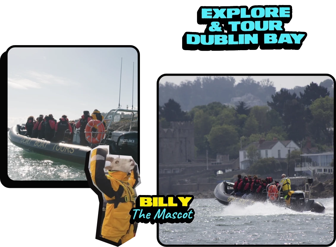 Two photos of a Dublin boat tour: people in life jackets ride a black inflatable boat labeled "Dublin Bay Tours," while Billy the Mascot, in a yellow dolphin costume, poses below. Text reads: "Explore & Tour Dublin Bay. Billy the Mascot.